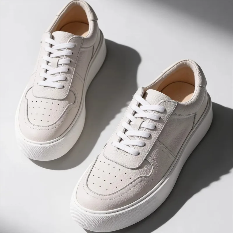 Men's Cow Leather Thick Sole White Luxury Retro Breathable Genuine Leather Commuting Formal Leather Shoes Male Oxfords Flats