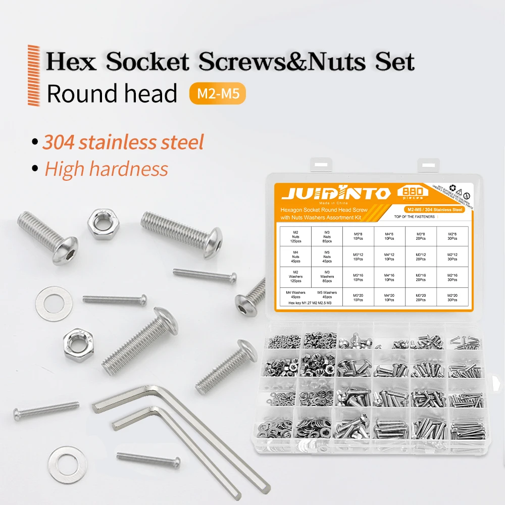 JUIDINTO Hex Socket Button Head Cap Screw Kit M2 M2.5 M3 M4 M5 Stainless Steel Round Screw Bolt and Nut Washer Set with Hex Key