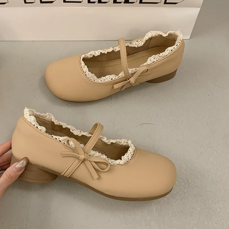 Primavera verão feminino novo temperamento retro suave emparelhado com saia salto grosso boca rasa sapatos únicos confortáveis