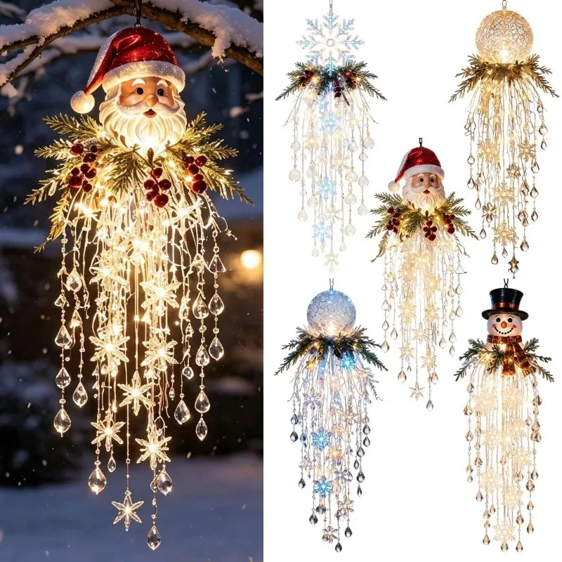 Crystal Cascade Christmas Hanging LED Light Snowflake Decor,4 Festive Styles, Crystal-Style Drops, 14 in Length
