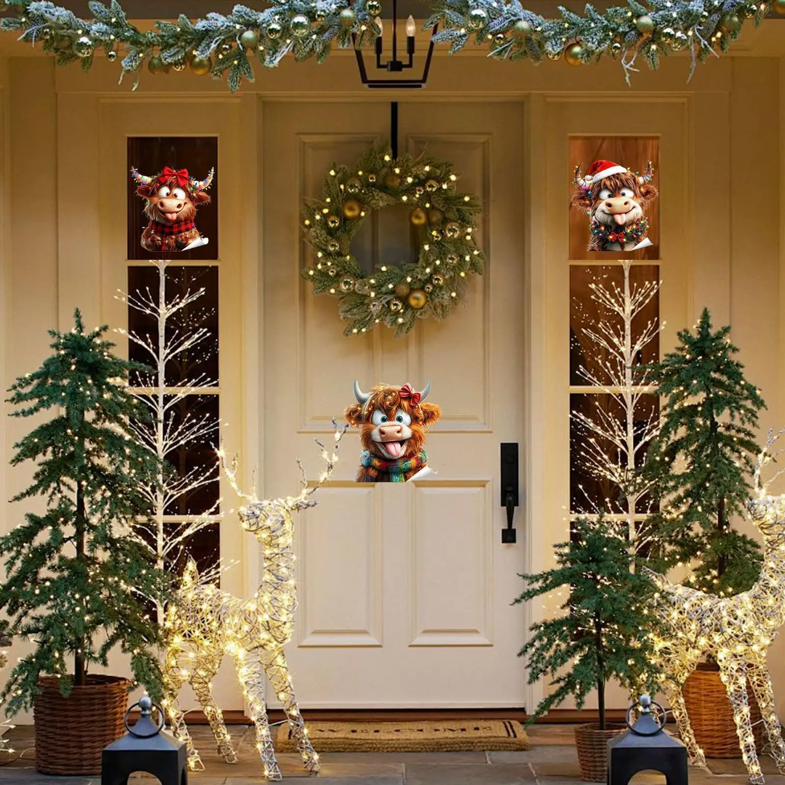 ملصقات نافذة عيد الميلاد 4 قطع البقرة احتفالية الديكور الكهروستاتيكي التصاق زجاج الباب عطلة الشارات لأصحاب المنازل #3