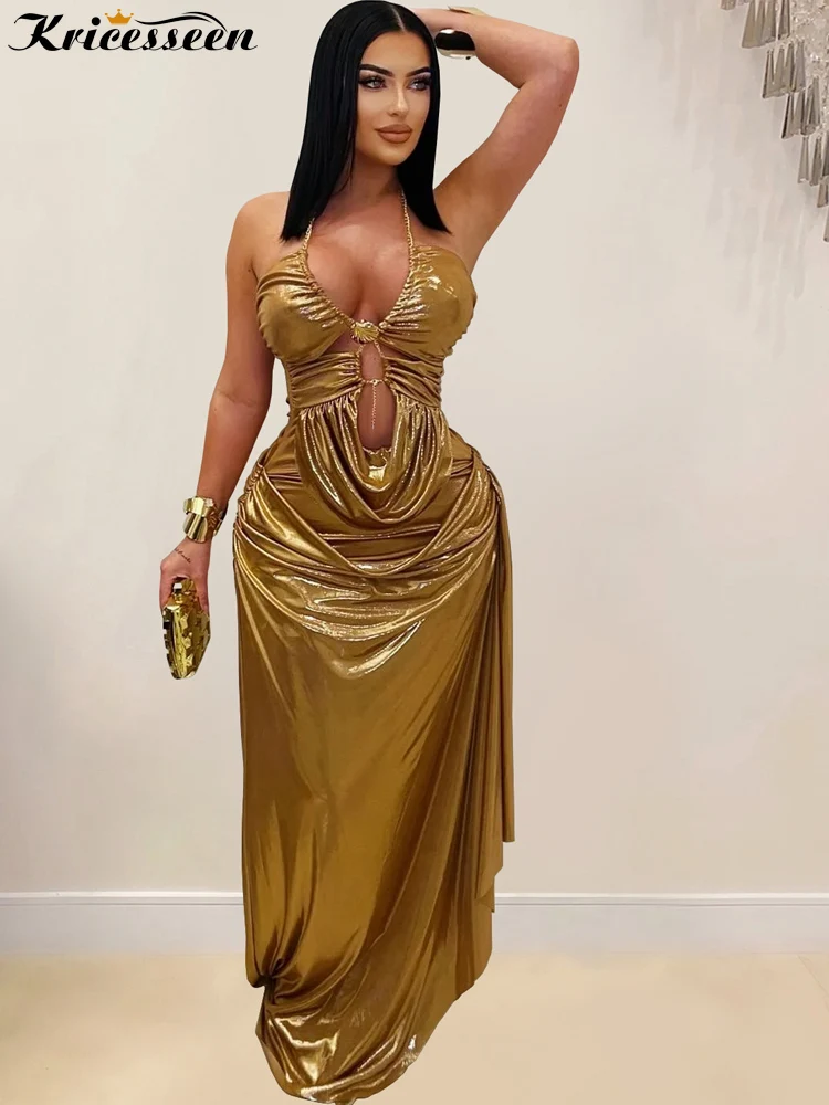 Kricesseen Sexy Women's Metallic Gold Halter Maxi Dress New Ladies Ruched Cut Out Backless Chain Detail Formal Party Gown