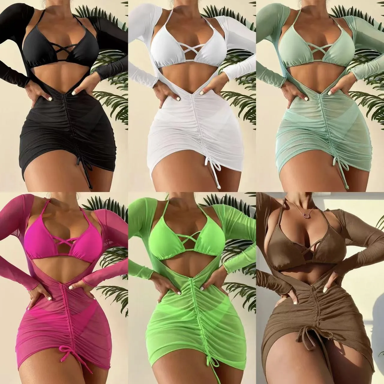 

Swimwear 2026 Bikini Women's Crop Top Black Bikinis Ruched Mini Skirt Swimsuit Cross Front Bralette Mint Green Two Piece