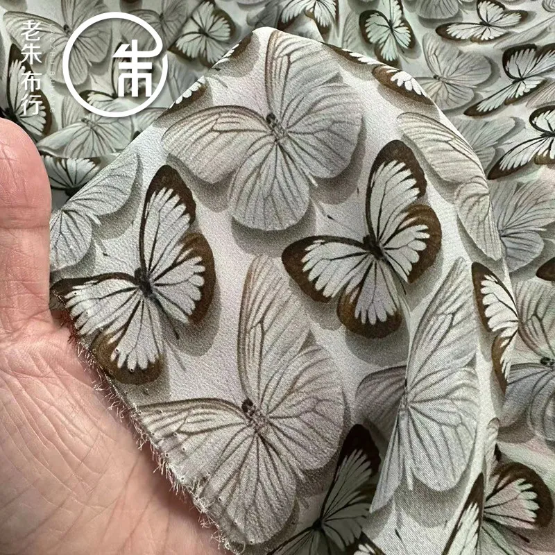 Gray Bottom Printed Silk Silk Crepe De Chine Fabric Dress Top Summer Breathable Thin 16 Momme