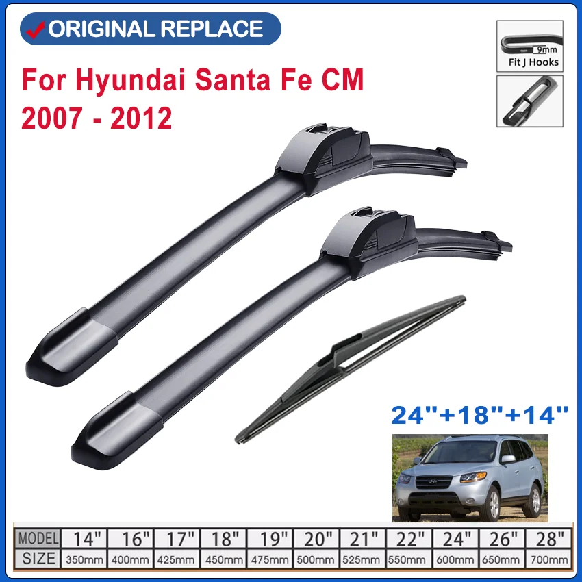 For Hyundai Santa Fe CM 2007 - 2012 Front Rear Wiper Blades Brushes Cutter Accessories J U Hook Windscreen Wiper 24