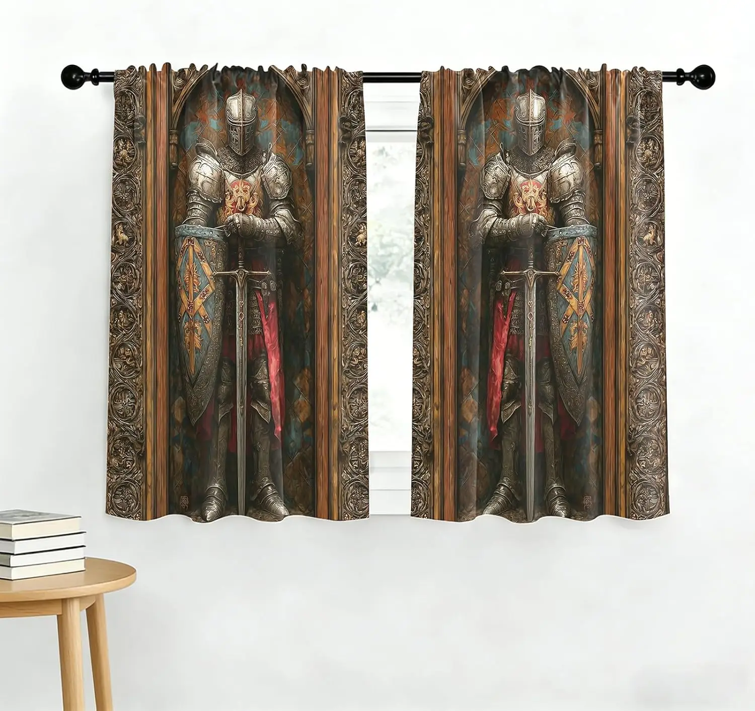 2pcs Gothic Knight Armor Curtain Drapes Fantasy Medieval Luxury Window Treatment for Bedroom Living Room Decor