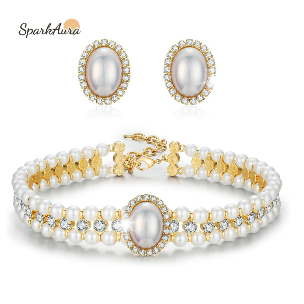 

Элегантный комплект жемчужного ожерелья и сережек для женщин, колье со стразами и жемчугом, комплект ювелирных изделий для свадьбы, выпускного вечера, сверкающий подарок для пирсинга