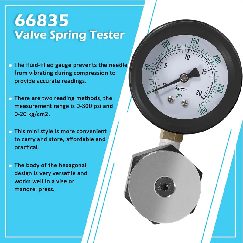 YMT 66835 Universal Mini Valve Spring Tester 0-300 PSI, 0-20 KG/CM,2 5LB Increments,  For Check Valve Spring Pressure-1 Pcs