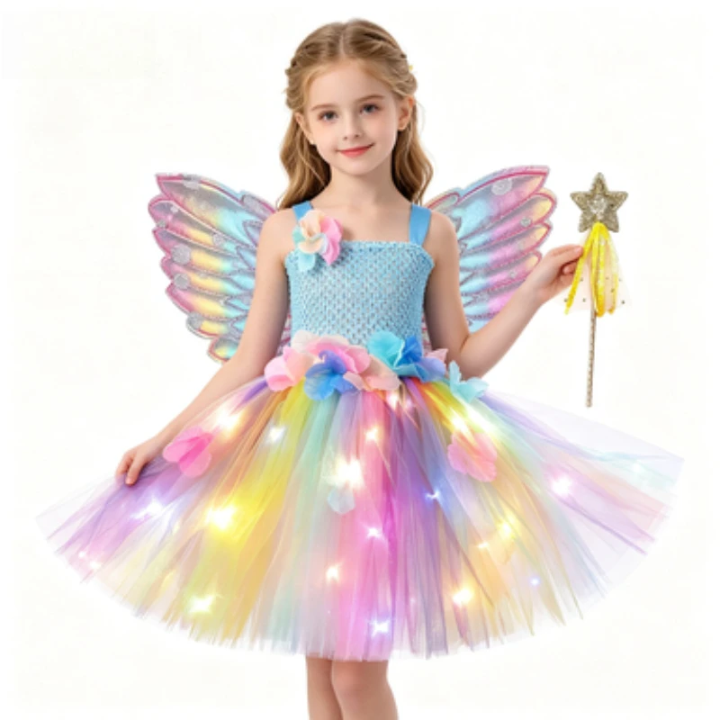 Kids Butterfly Fairy Princess Dress Girls Light Up Tulle Gown Flower Girl Wedding Outfit Children Stage Performance Party Dress