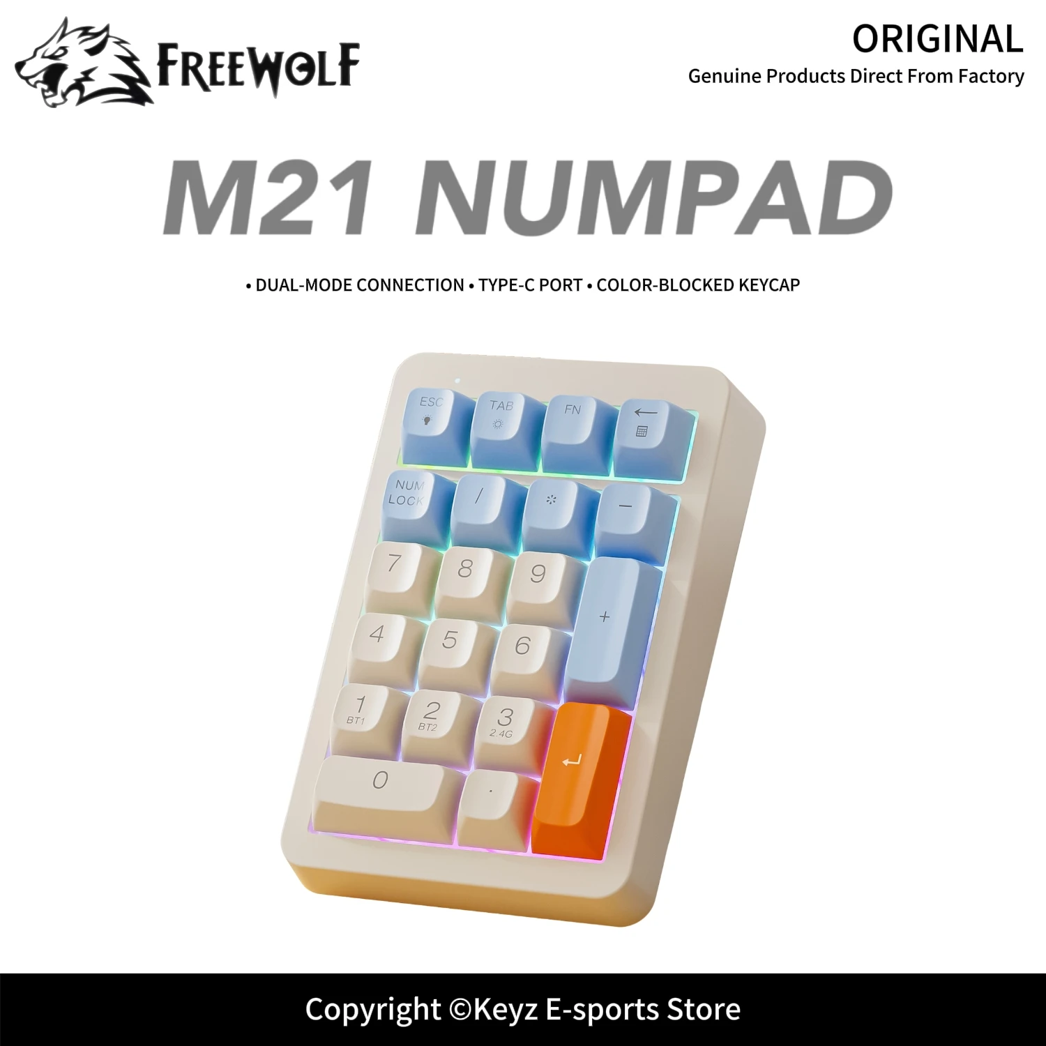 Wireless Numeric Keypad Dual Mode 21 Keys FREEWOLF M21 Portable Number Pad Type-C Rechargeable 950mAh RGB Backlight for Finance