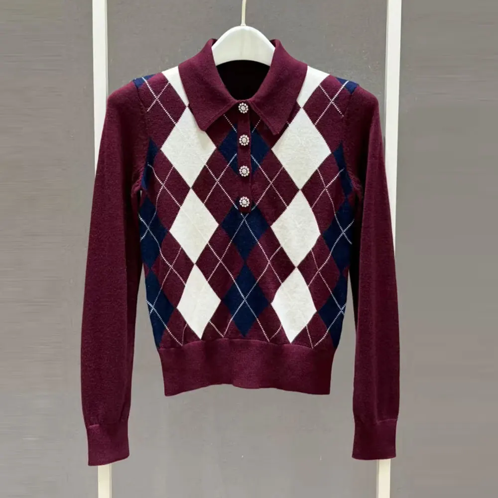 Women Retro Preppy Burgundy Argyle Polo Knit Top Rhinestone Button Long Sleeve fashion Sweater