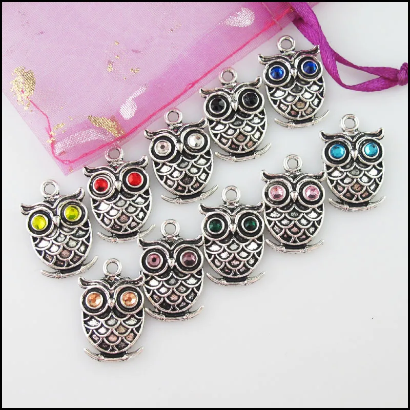 Fashion 10Pcs Mixed Crystal Tibetan Silver Plated Animal Owl Charms Pendants 15x24mm