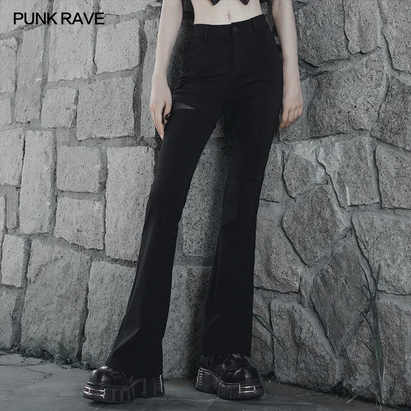 

PUNK RAVE Women's Gothic Daily Elastic Comfortable Flared Pants Splicing Mesh Cloth Sexy Visually Slim Trousers Spring/Autumn