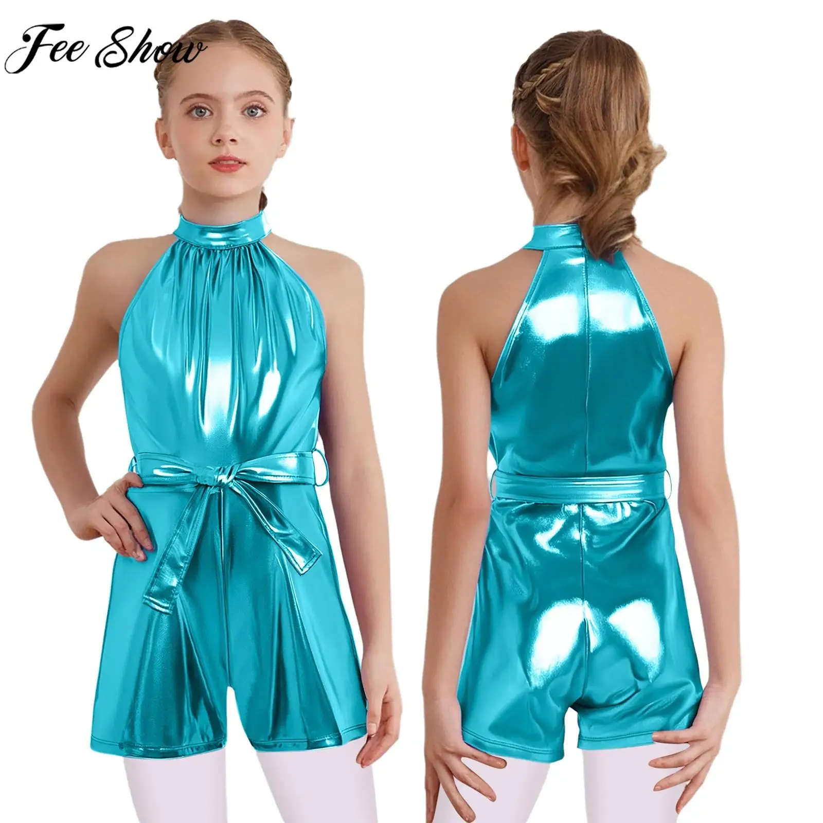 Traje de baile de Jazz Hip Hop para niñas, traje sin mangas metálico brillante con cremallera y cinturón para fiesta escolar, actuación de Carnaval