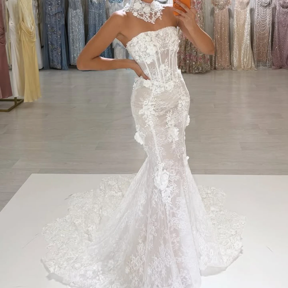 Customized Luxury White Bridal Gown Strapless Sheer Corset Bodice Detachable Lace High Neck Appliqued Floral Fitted Mermaid