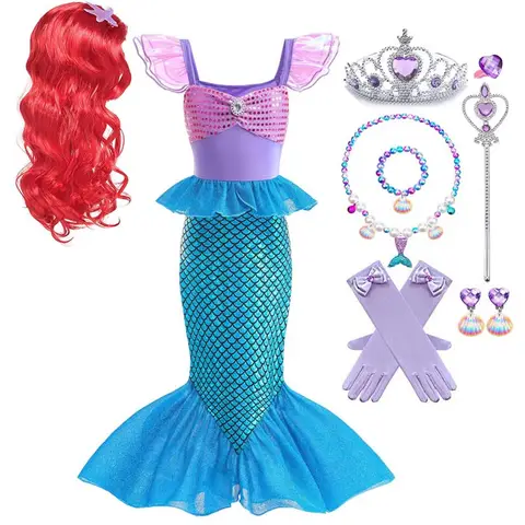 Little Mermaid Birthday Party Dress for Girl Cosplay Mermaid Costume Carnival Outfits Kids Fantasy Disguise Prom Gown Clothes