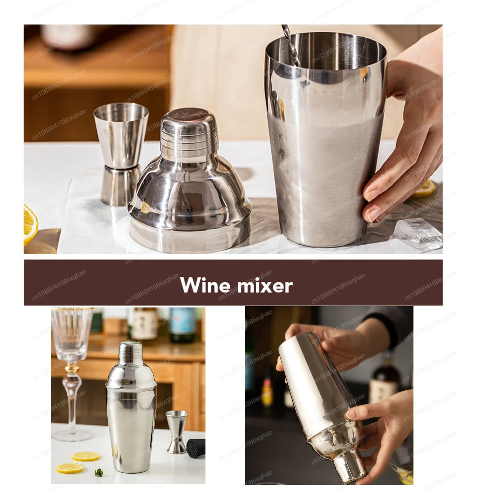 شاكر كوكتيل مكون من 10 قطع بقاعدة خشبية، طقم شاكر كوكتيل أوروبي من الفولاذ المقاوم للصدأ #3