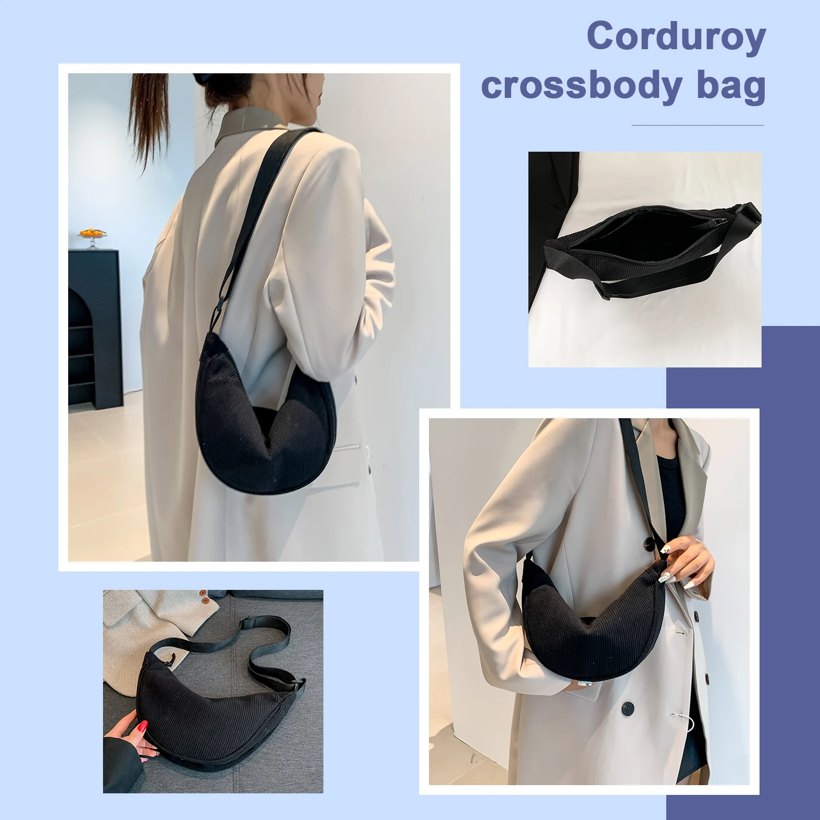 

Dumpling Bag Stylish Shoulder Bag Adjustable Strap Corduroy Womens Satchel Bag Solid Color Ladies Sling Bag Casual Commuting Bag