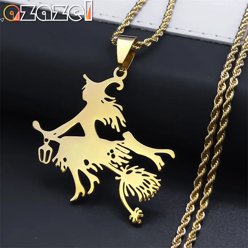 Cat Witch Magic Broom Necklaces Women Stainless Steel Gold Color Pendant Necklaces Halloween Jewelry Accessories Gift N6102S08