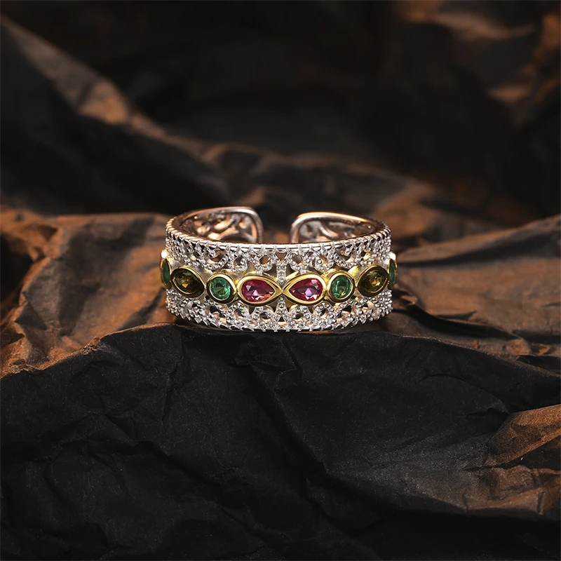 925 Sterling Silver Two Tone Colorful Zircon Wide Open Rings For Women Vintage Lace Hollow Craft Court Style Chic Ring Gift