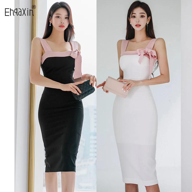 

EHQAXIN 2023 Summer New Women's Dress Fashion Korean Slim Fit Temperament Strap Bow Colorblock Dresses For Ladies S-XL