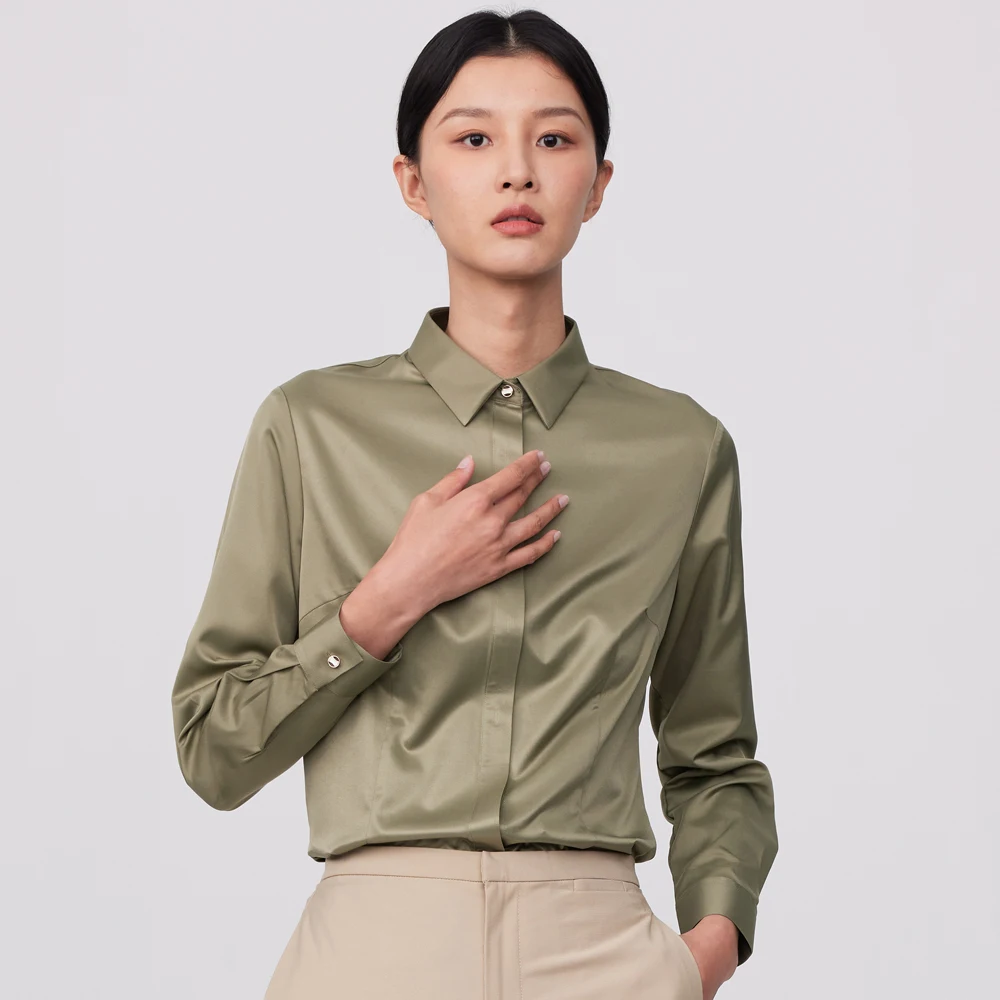 Ladies Office Silk Touch Smooth Long Sleeve Blouses Shirt Without Pocket Women\'s Concealed Buttoned Placket Casual Slim Shirts