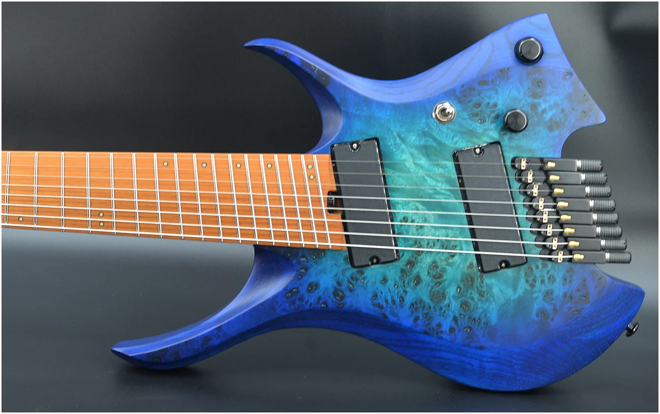 2026 NK guitar Fanned frets 8 Strings A wedge neck joint Headless Electric Guitar Blue Green Burst color Poplar burl Maple Neck