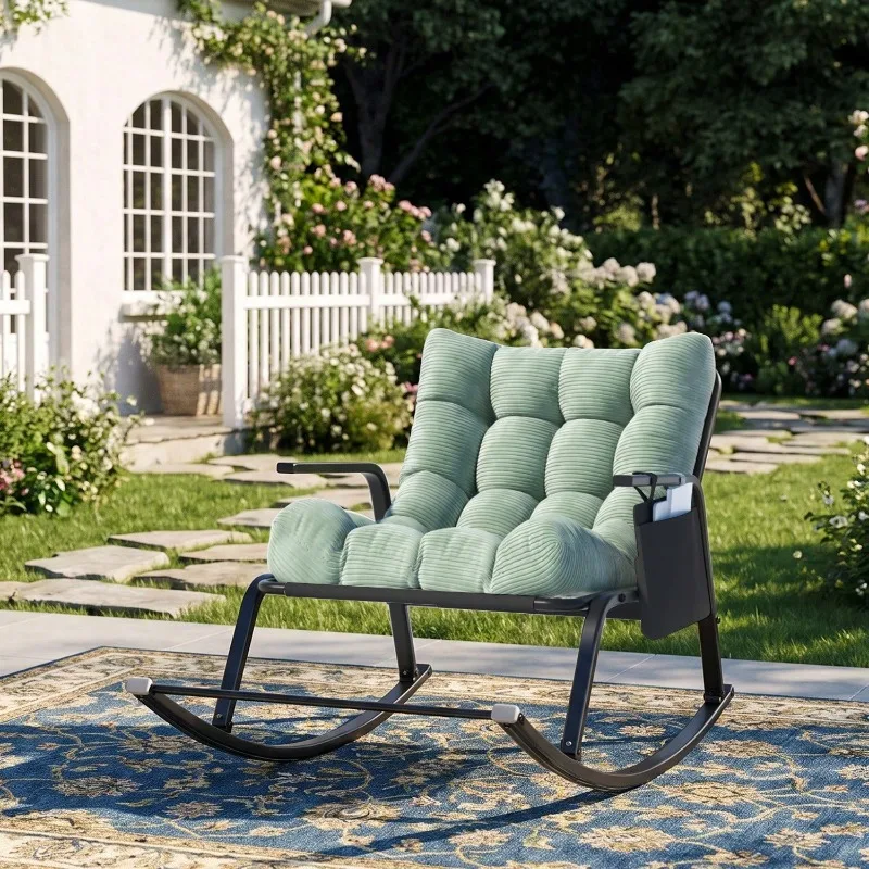 Padded Rocking Chair With Side Storage Pocket, Cut‑Out Armrest, Heavy‑Duty Metal Frame Rocker Chair For Indoor & Outdoor Use, For Backyard, Garden, Porch, Patio Garden Chairs