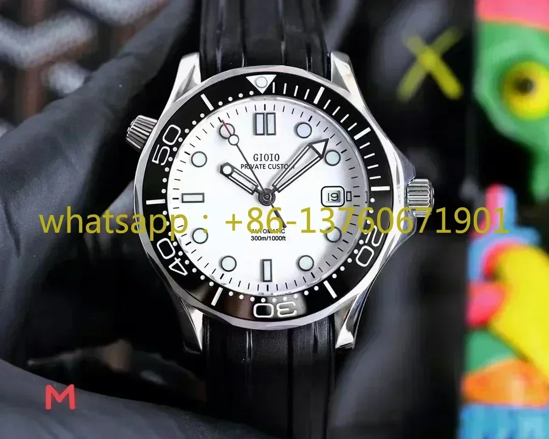 Luxury Mens Automatic Mechanical Calendar Watch Luminous Black Blue Rubber Strap Ceramic Bezel White Dial