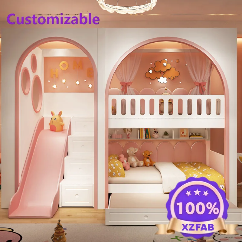 Factory Direct 2026 Modern Girl Two-story Full Solid Wood Bed High Guardrail With Wide Small Apartment Slide Child And Mother