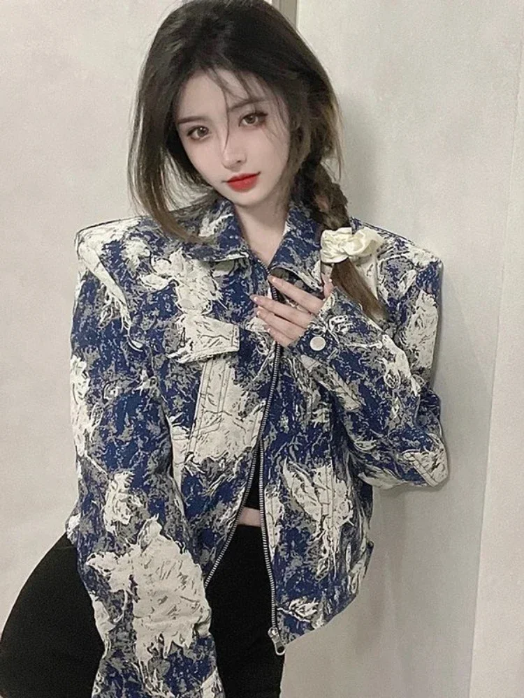 2025Ropa Mujer Tie-dye Frauen Jacken Streetwear Vintage Outwear Turndown Kragen Langarm Kausalen Mode Koreanische Y2k Mäntel