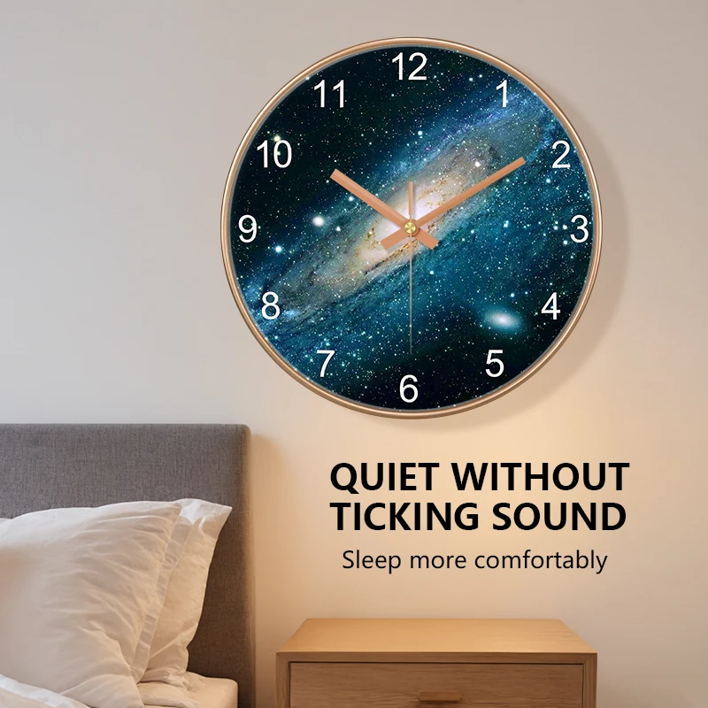 Galaxy Wall Clock Silent Non-Ticking Round Clock Black Rose Golden Frame Starry Sky Design for Living Room Bedroom Home Decor