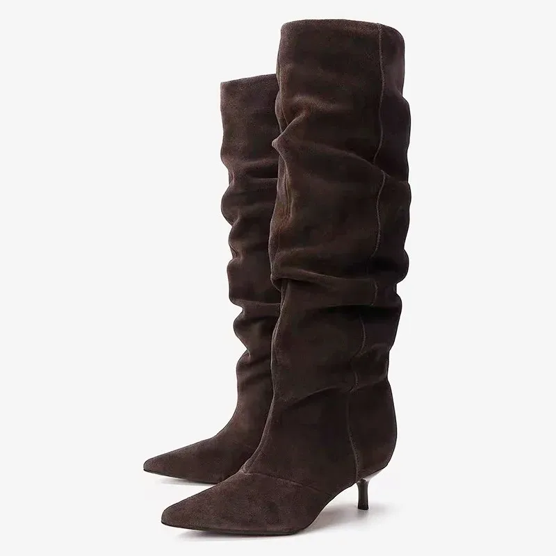 

Elegant Brown Pleated Designer Suede Knee-High Boots Women Sexy Pointed Toe Kitten Heel Long Boots Winter Comfortable Women Shoe