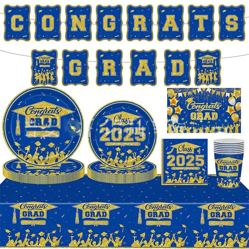 8Guests Graduation Season Theme Disposable Tableware Blue Golden Class 2025 Paper Plates Napkins Happy Congrats GRAD Party Decor