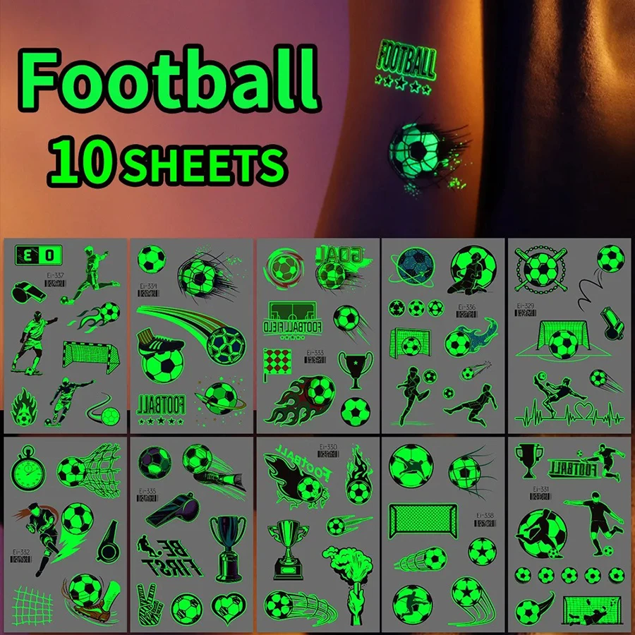 10 Sheets Football Luminous Tattoos Stickers Football Support Glow-in-the-Dark Temporary Tattoos Stickers Football Party Gifts