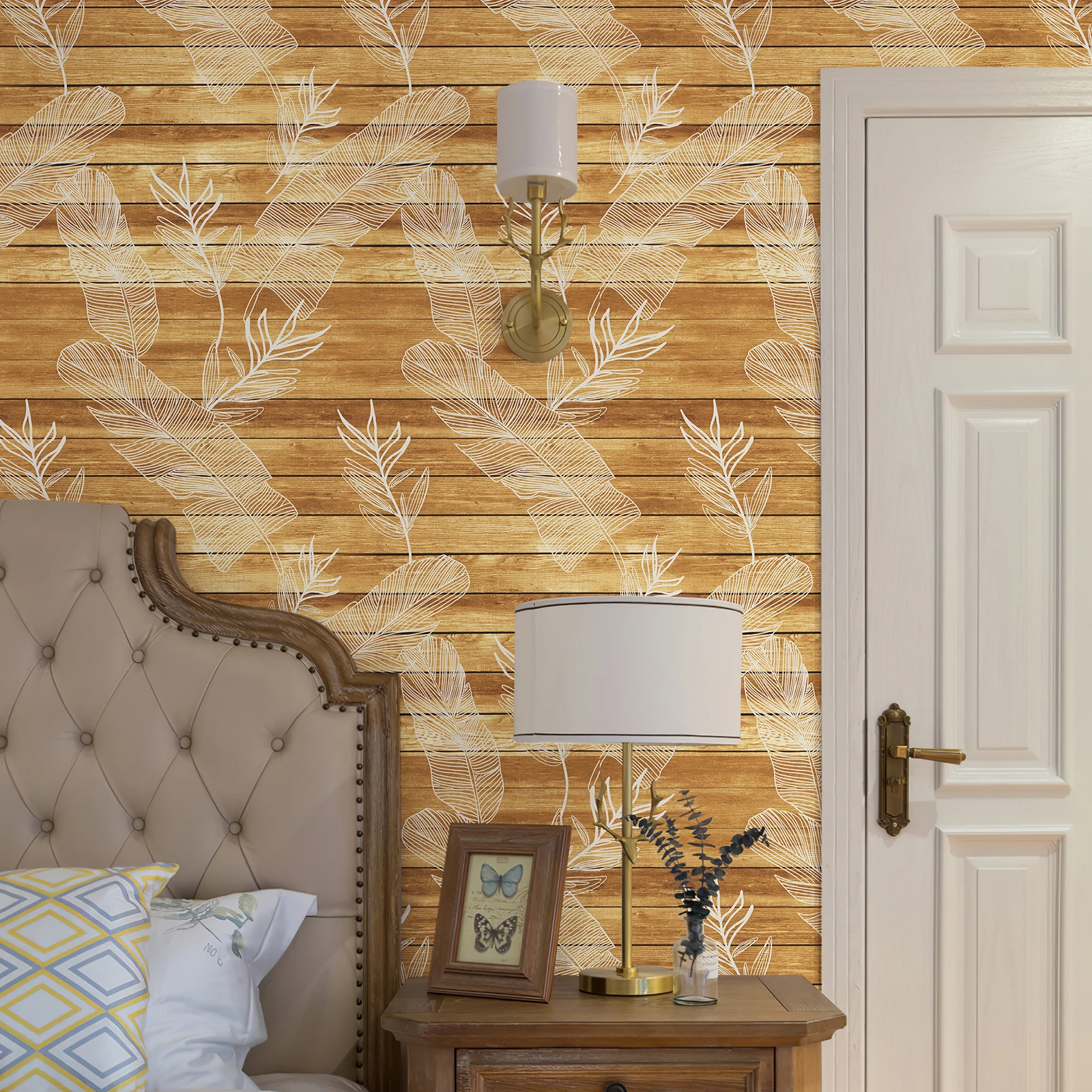 Żółta tekstura drewna z białymi liniami liści Samoprzylepna tapeta winylowa do salonu Wodoodporne naklejki