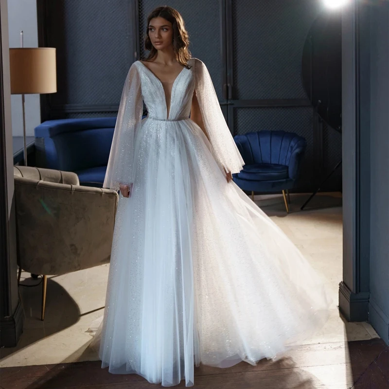 

V-Neck Beads Belt Long Sleeve Sparkle Tulle Wedding Dresses A-Line Backeless Deep V And Zipper Bridal GownS