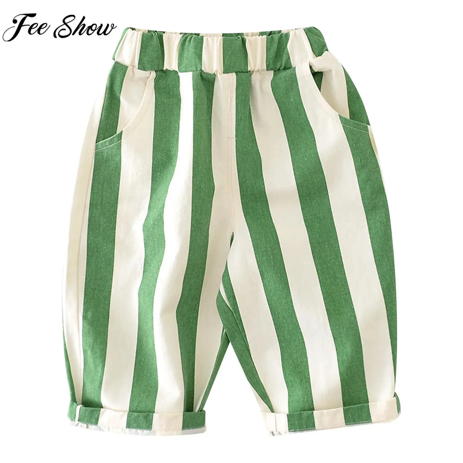 

Kids Boys Girls Summer Fashion Casual Loose Pants Elastic Waistband Striped Bottoms with Pockets Daily School Vacation Costume