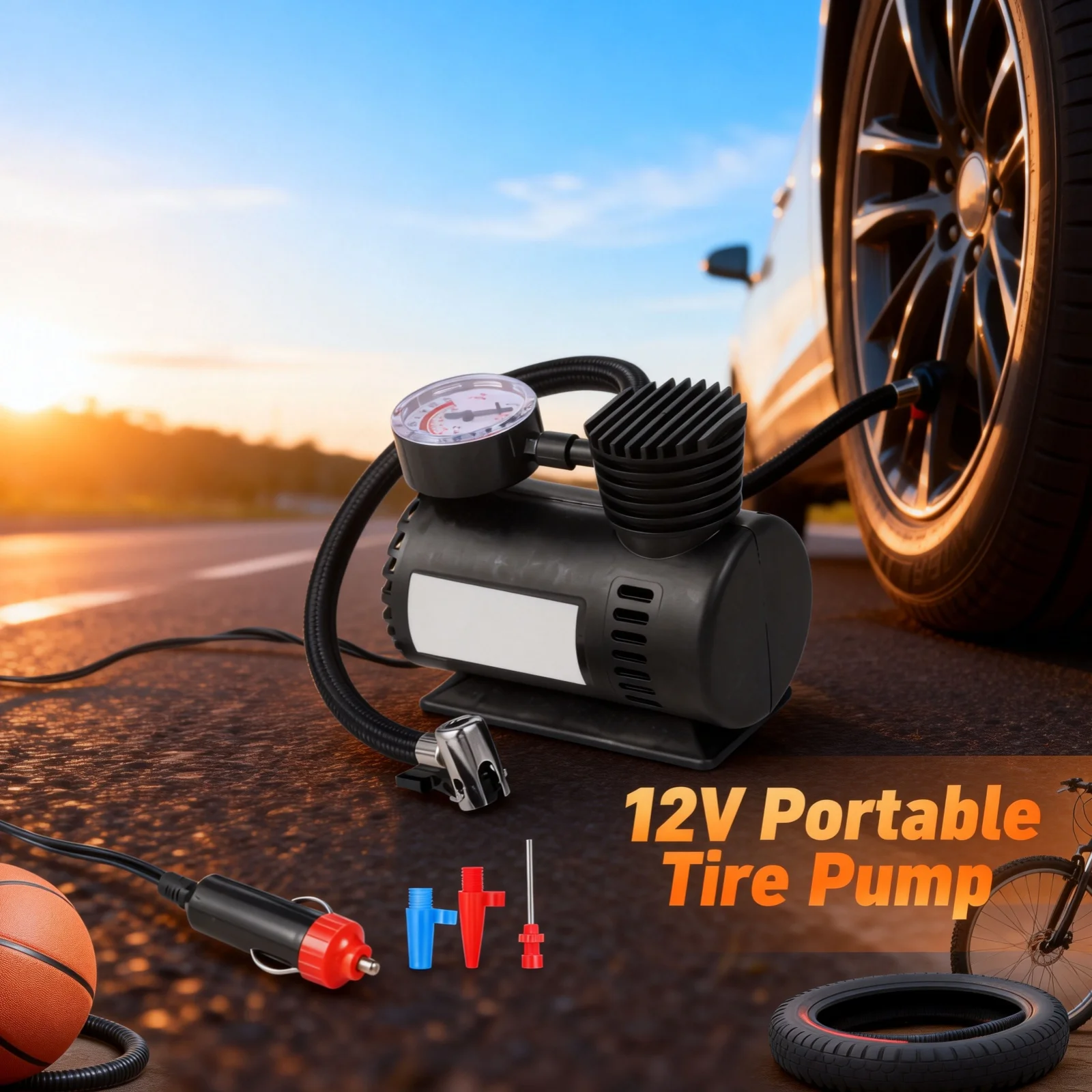 12V Portable Tire Pump with Digital Pressure Gauge Car Vehicle Tire Inflator Lightweight Air Compressor for Bicycle Basketball