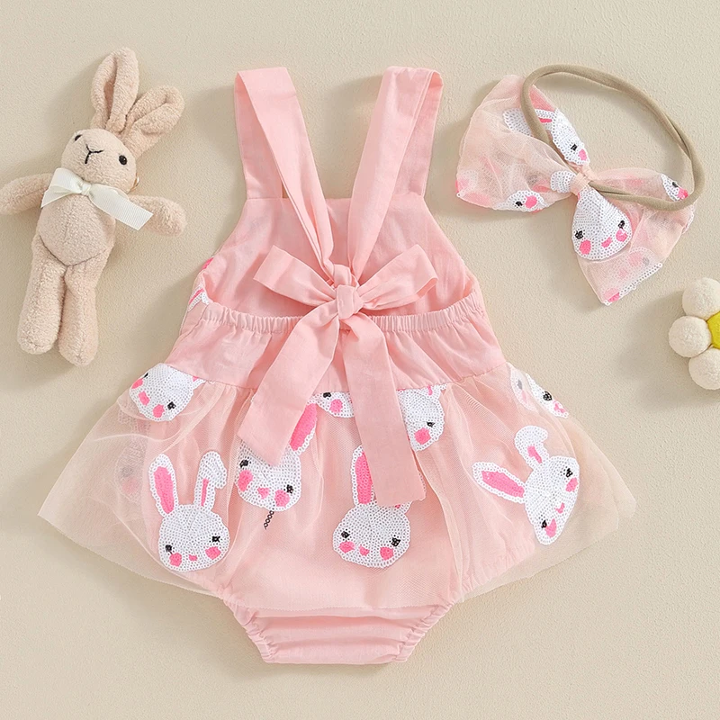 

Newborn Baby Girl Easter Outfit Sleeveless Bunny Pattern Tutu Romper Dress with Headband Infant 2Pcs Clothes