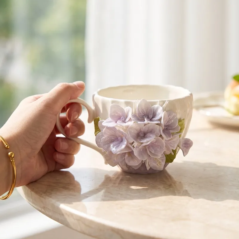 Creative and Elegant Handmade Flower Coffee Cup and Plate Set Handmade Purple Hydrangea Coffee Cup Teacup Set with Saucer
