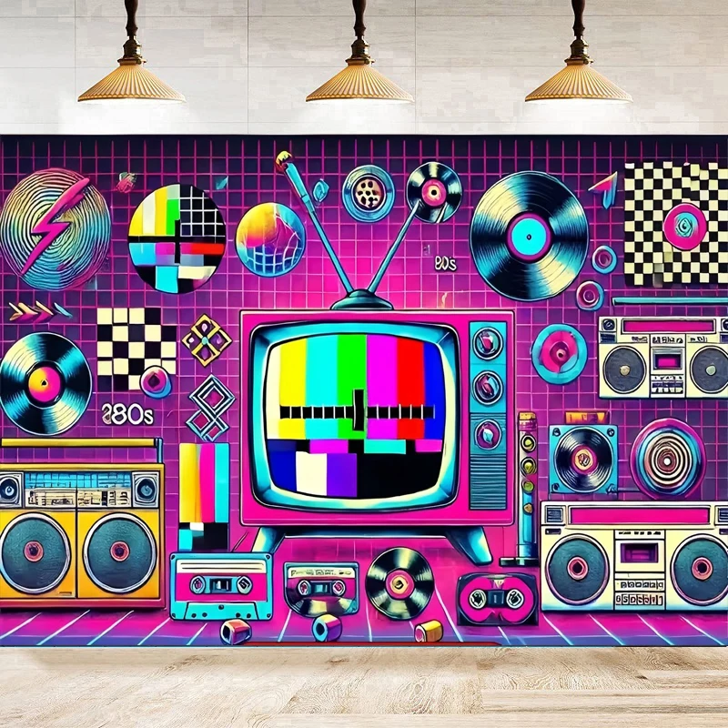 Photography Backdrop Door Banner Retro 80s Neon Poster Dynamic TV Tape Case And Music Player Design Background