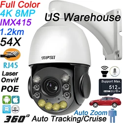 Onvif Metal Full Color Laser Infrared Auto Tracking 8MP 4K 54X Optical Zoom 360° POE PTZ IP Surveillance High Speed Dome Camera