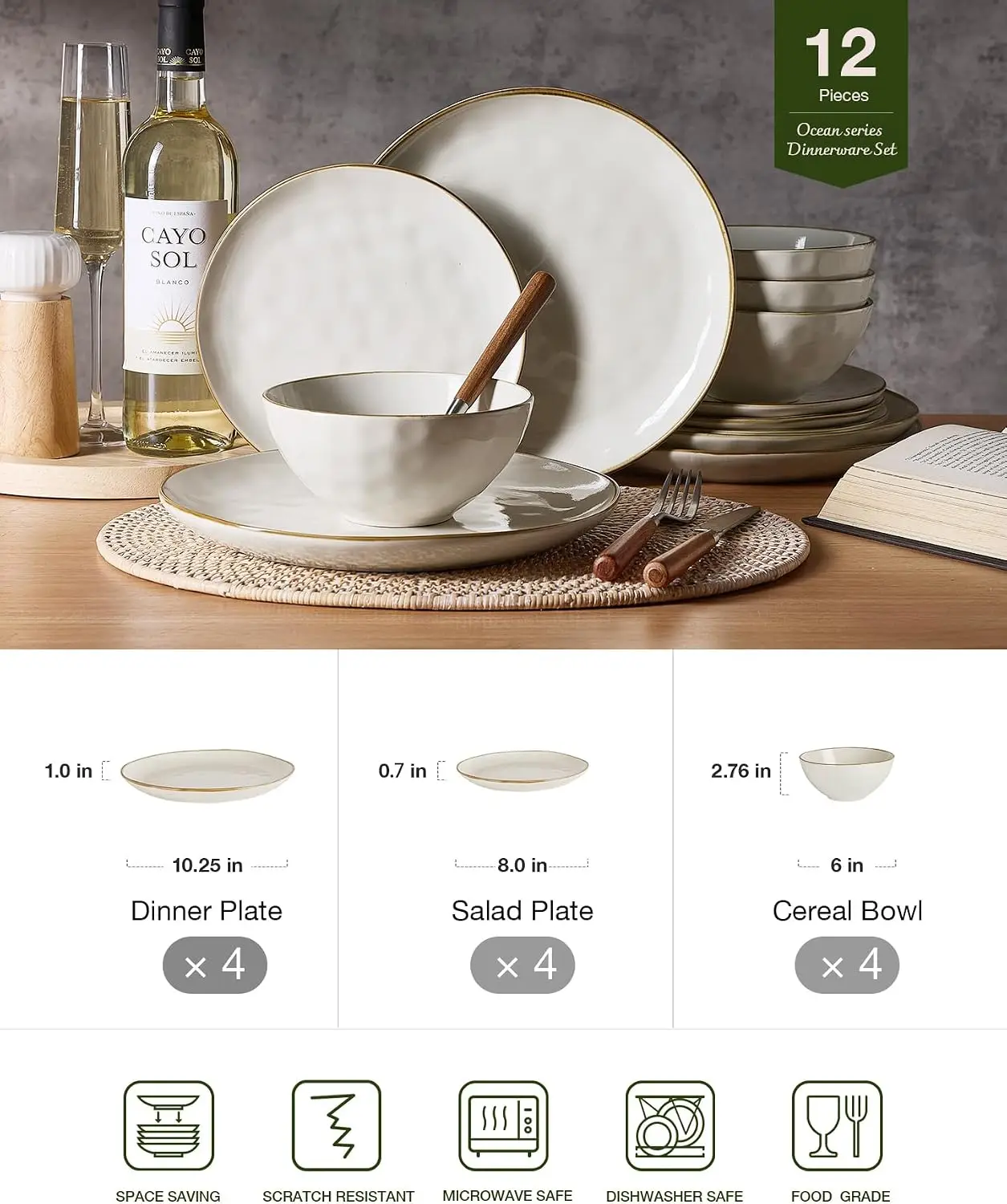 Ocean Round Dinnerware Sets for 4, 12-Piece, Vanilla White