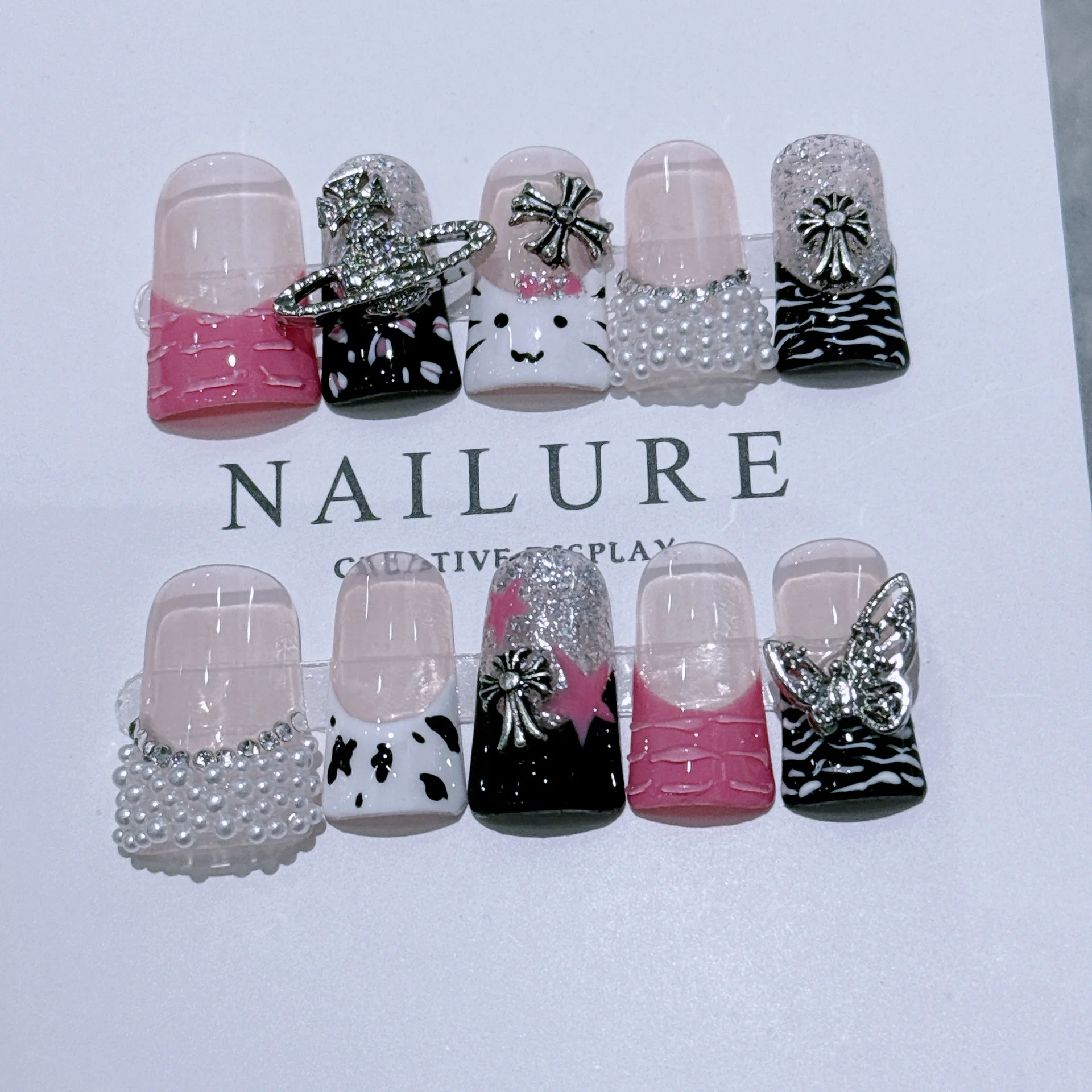 Duckbill" Y2K Style Manicure Set, Hot Girl Plastic Press-On Nails with Cross, Handmade Wearable Nail Art