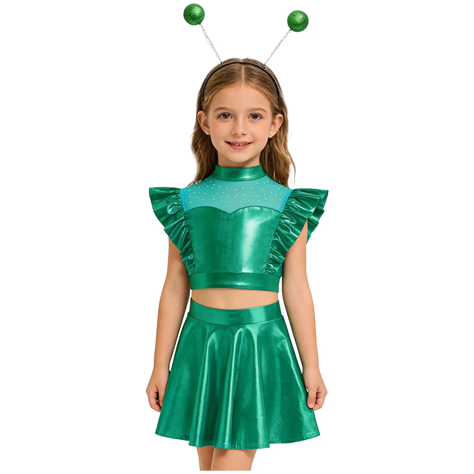 

Kids Girls Alien Robot Costume Metallic Shiny Rhinestones Crop Tops with Skirt Hair Hoop for Outer Space Themed Party Cosplay