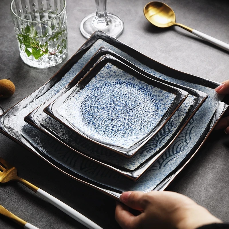 Factory direct sales tableware blue square ceramic dessert plate set wholesale Japanese porcelain sushi plate