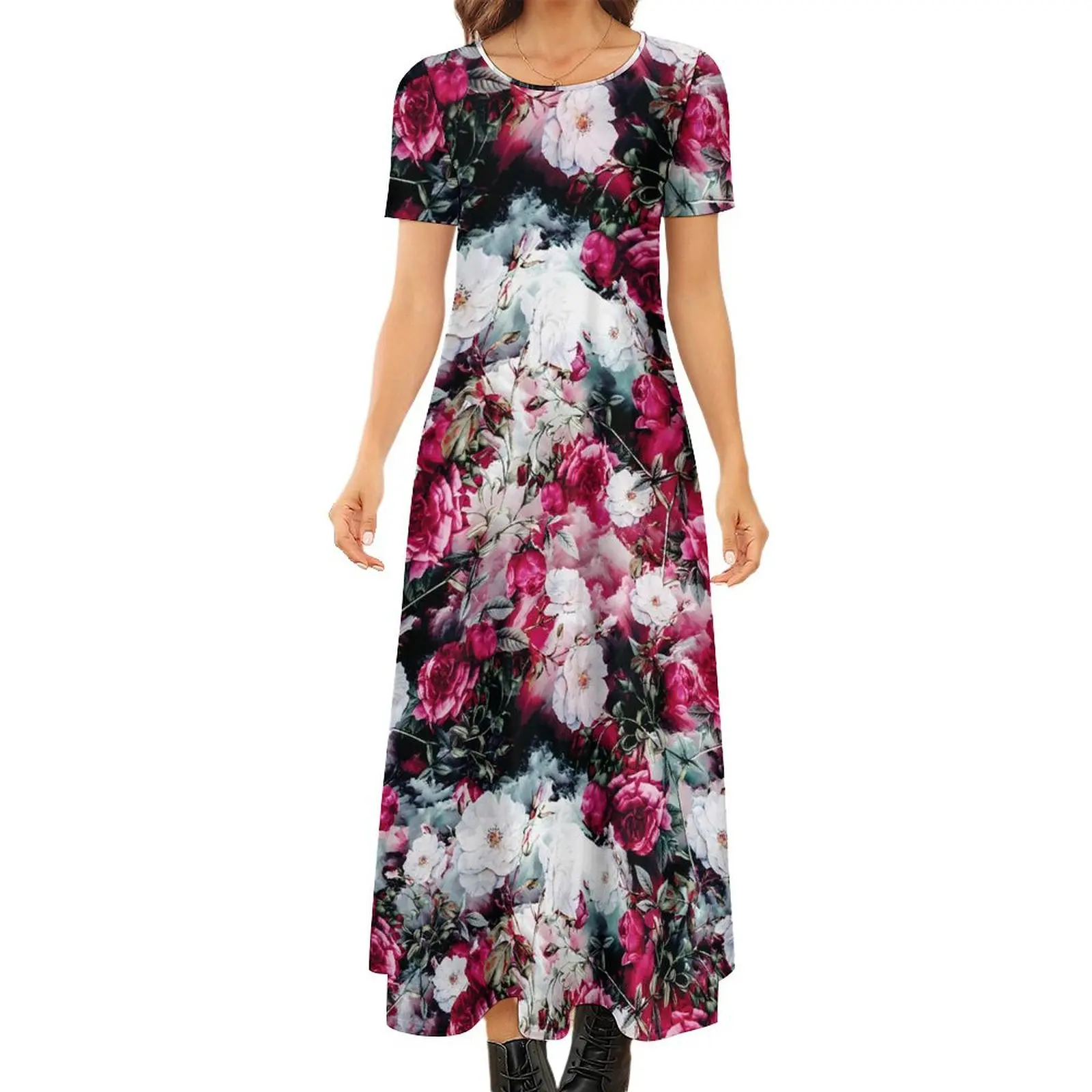 

Rose Floral Dress Pink And White Elegant Maxi Dress Womens Short Sleeve Streetwear Bohemia Long Dresses Big Size 6XL 7XL