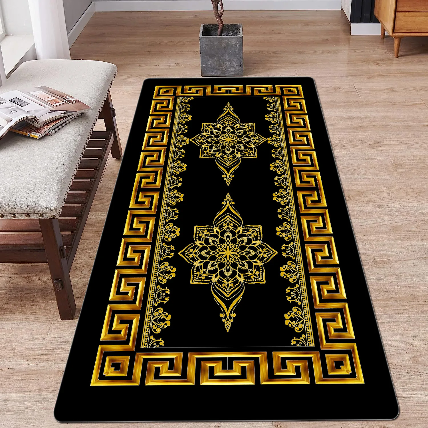 

Geometric Golden Luxury Print Pattern Floor Rug Rectangle Home Carpet for Living Room Soft Fluffy Bathroom Rug Nonslip Mat