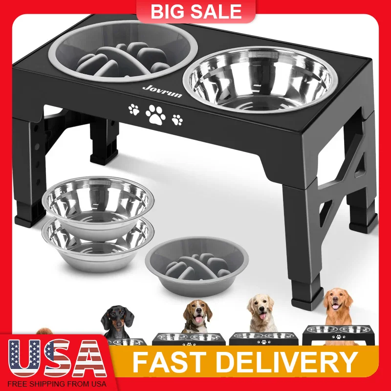 

Adjustable Elevated Dog Bowls Stand with 3 Stainless Steel Bowls Slow Feeder Non Slip Feet Dishwasher Safe for Medium Large Dogs